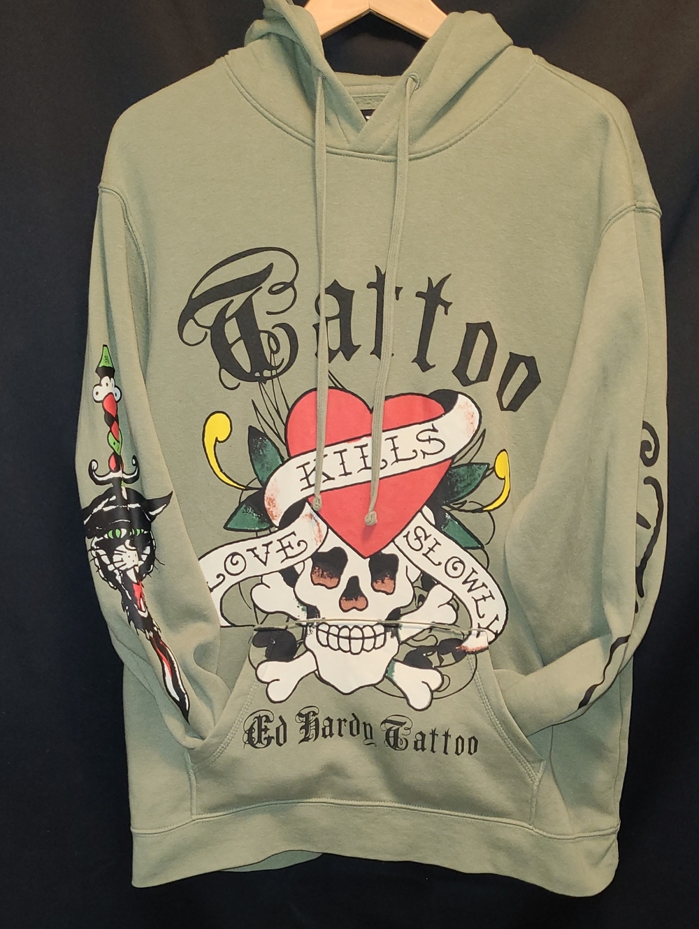Ed Hardy Tattoo Hoodie Love Kills Slowly Skull & Crossbone Men’s Sz Large